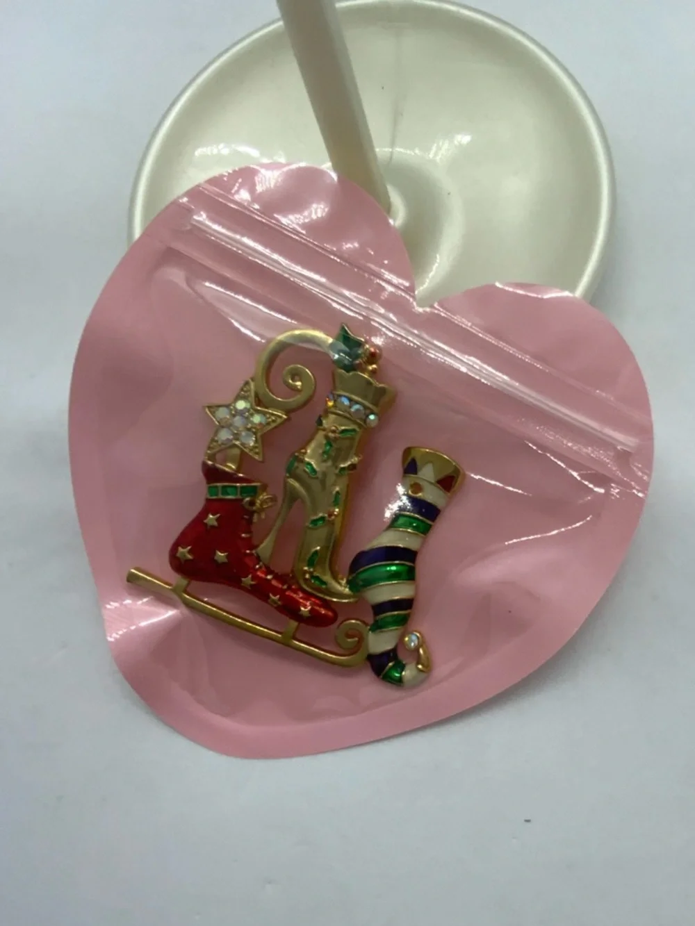 Gold Tone Festive Cat Brooch with Red and Green Enamel
